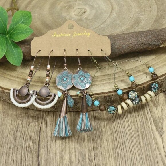 Bohemian 3 Pc Beaded Tassel Drop Earrings Leaves Water Droplets Flowers NEW - Picture 4 of 9